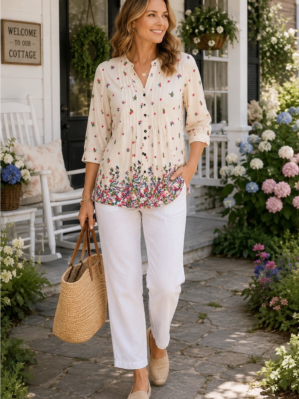 Vermont Country Store 100% Cotton Floral Blouse | Cottage Garden Button Top